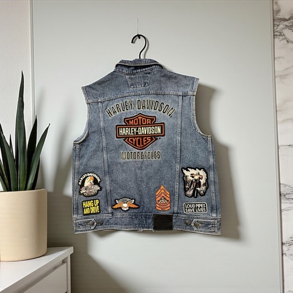 Harley Davidson Denim Vest Motorcycle Biker Patches Flags Mens Size L - Picture 3 of 5